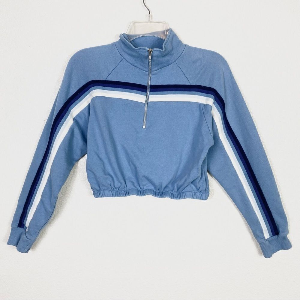 Pacsun PS/LA Blue Horizontal Striped Cropped Sporty Pullover Sweatshirt - Picture 1 of 5